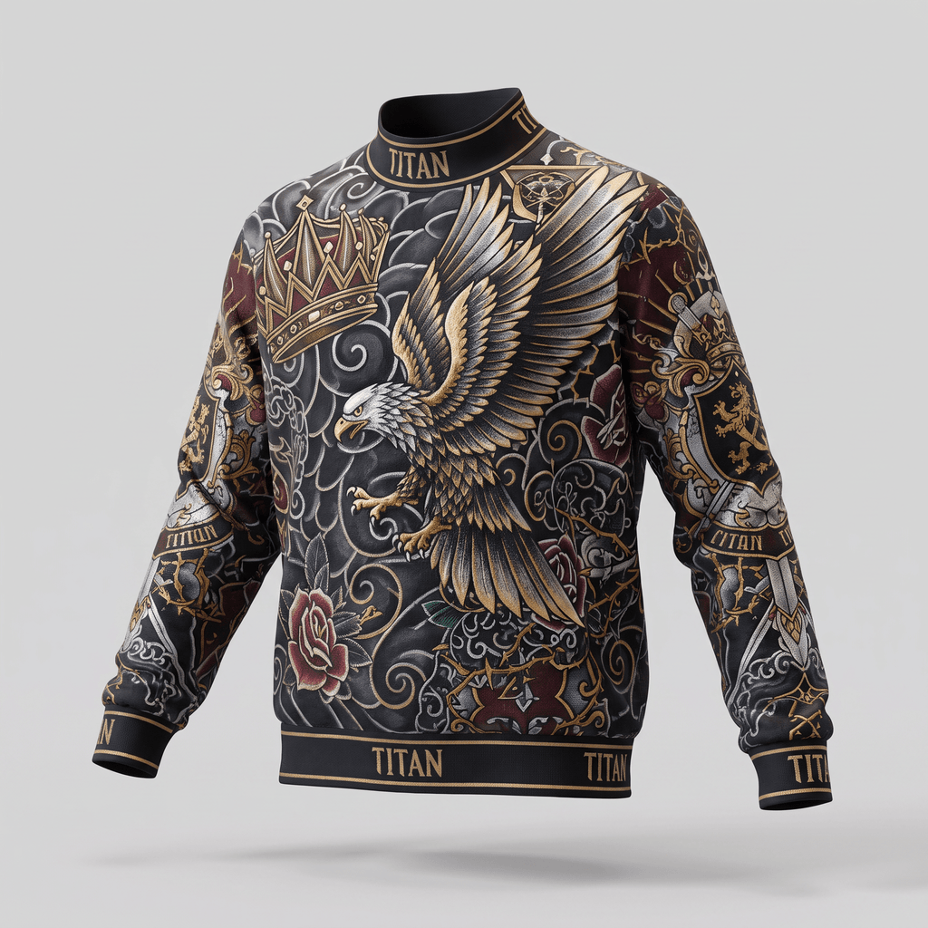 Black mock neck sweatshirt featuring gold eagle, crown, and tattoo art graphics by Titan.