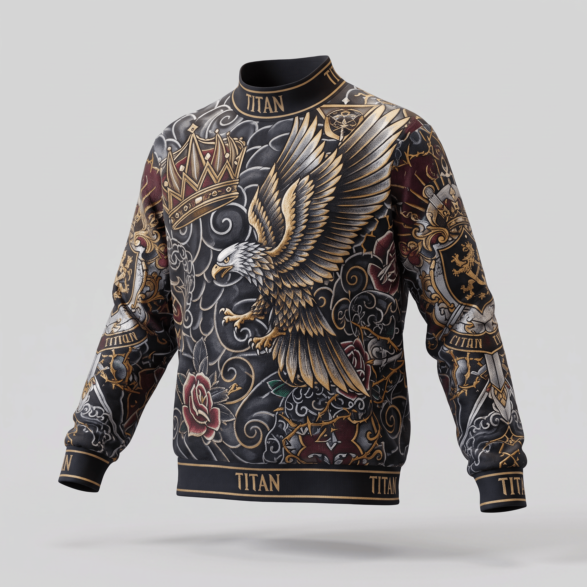 Black mock neck sweatshirt featuring gold eagle, crown, and tattoo art graphics by Titan.