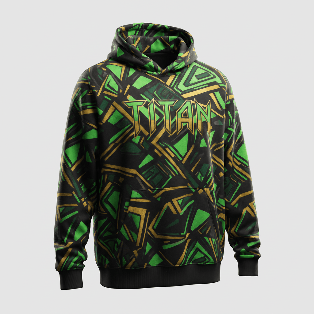 Black hoodie with green and gold geometric graffiti pattern and TITAN text logo on chest.