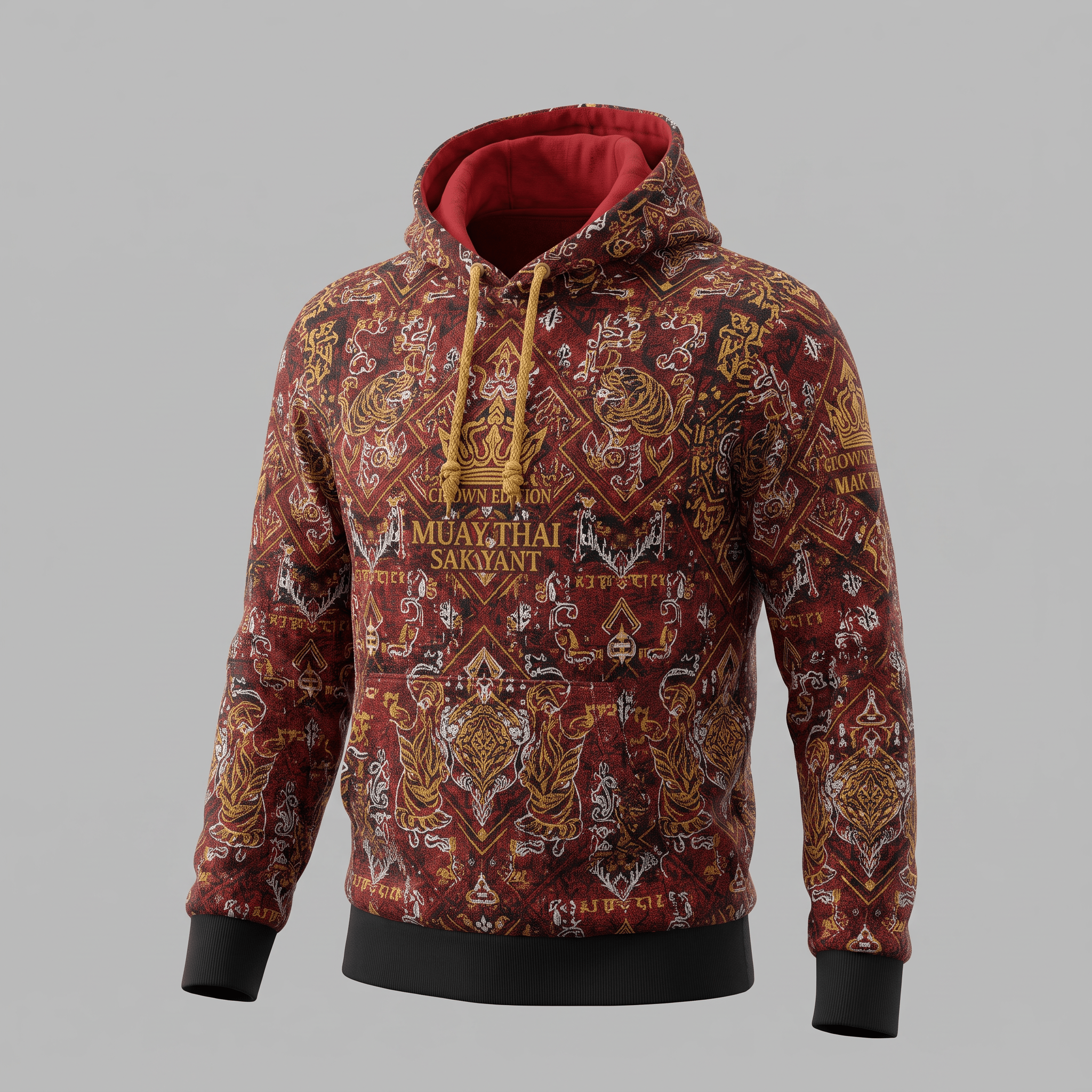Red Muay Thai Sakyant hoodie with gold and white pattern, black trim, and red hood lining.