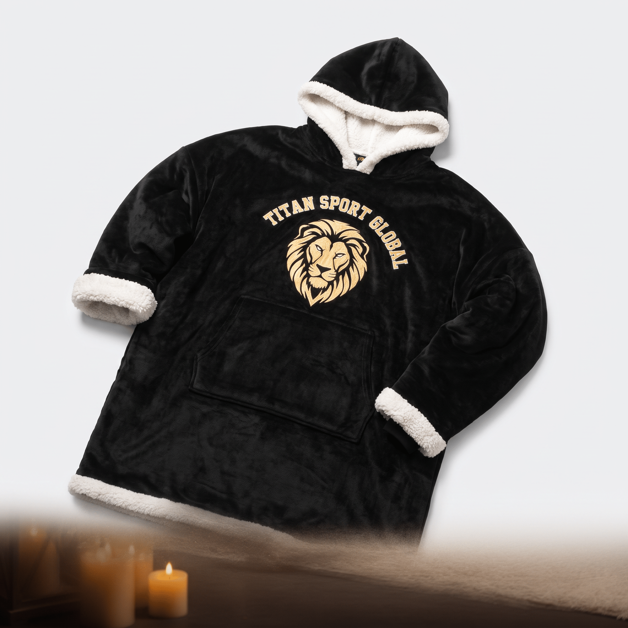 Black wearable blanket hoodie with white sherpa lining, front pocket, and gold Titan Sport Global lion logo.