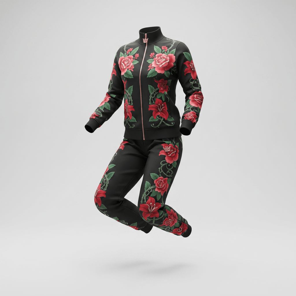 Black athletic tracksuit with pink rose and green vine print, featuring a zip-up jacket and matching joggers.
