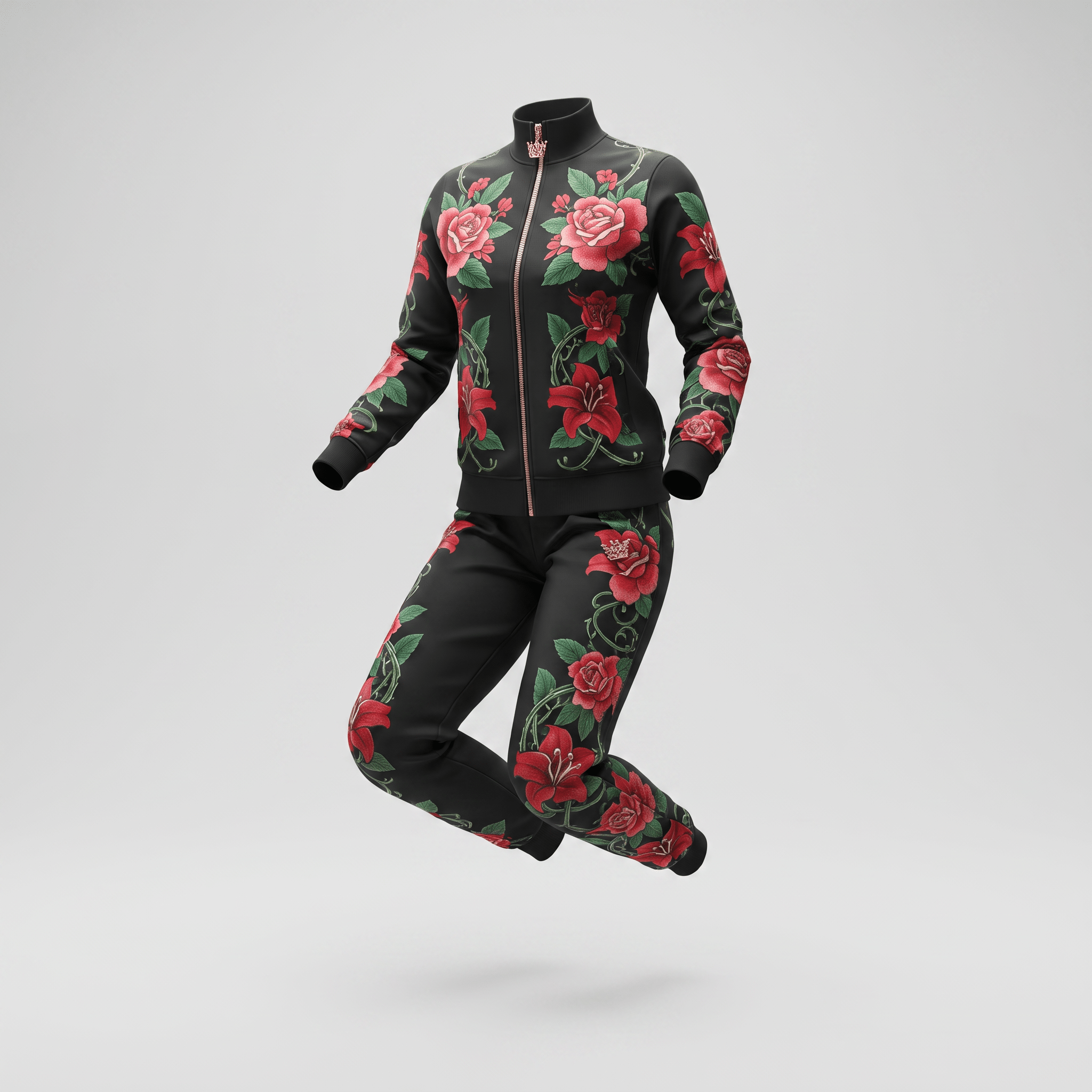 Black athletic tracksuit with pink rose and green vine print, featuring a zip-up jacket and matching joggers.