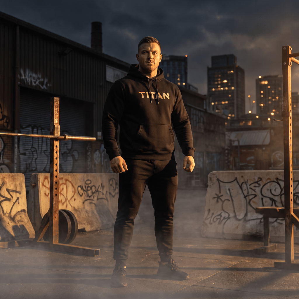 An athletic male in a black TITAN Oversized Hoodie stands confidently outdoors in an urban gym at dusk.