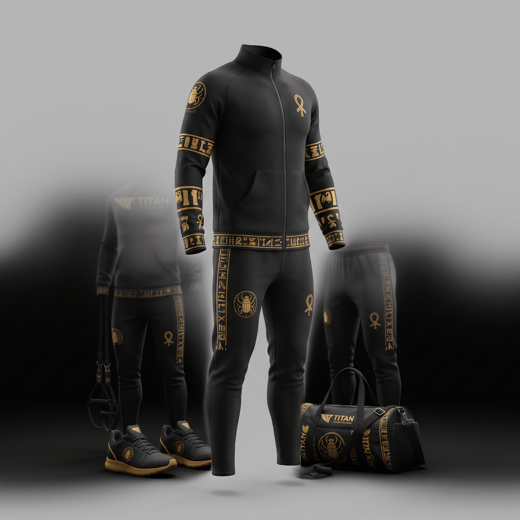 Black athletic tracksuit with gold Egyptian hieroglyph patterns, jacket and pants set.