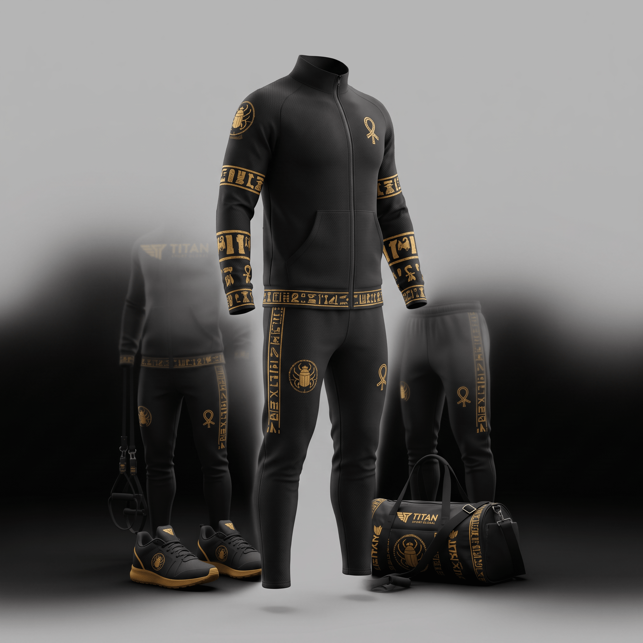 Black athletic tracksuit with gold Egyptian hieroglyph patterns, jacket and pants set.
