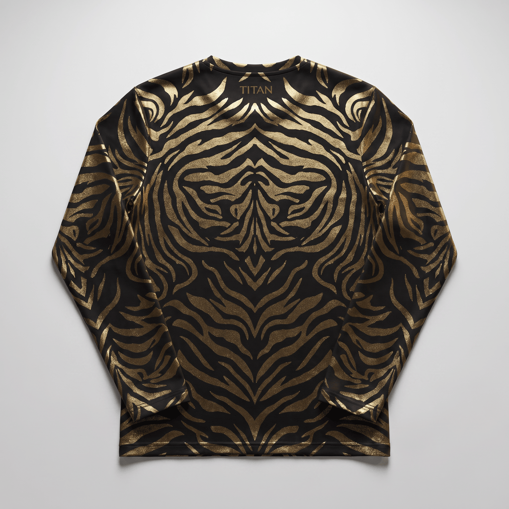 Back of black long-sleeve athletic shirt featuring metallic gold tiger stripe print and Titan branding.