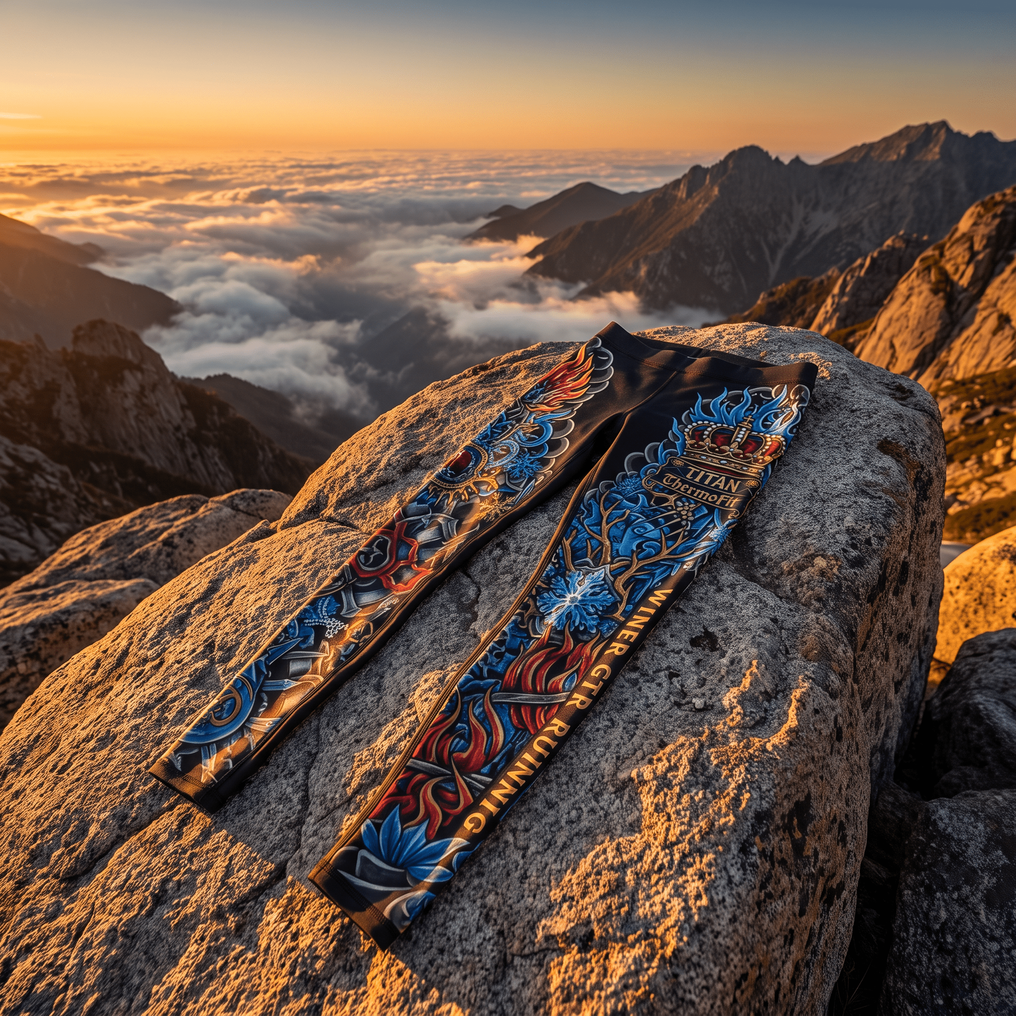 Black athletic leggings with colorful flame, snowflake, and crown graphics on a mountain peak at sunset.