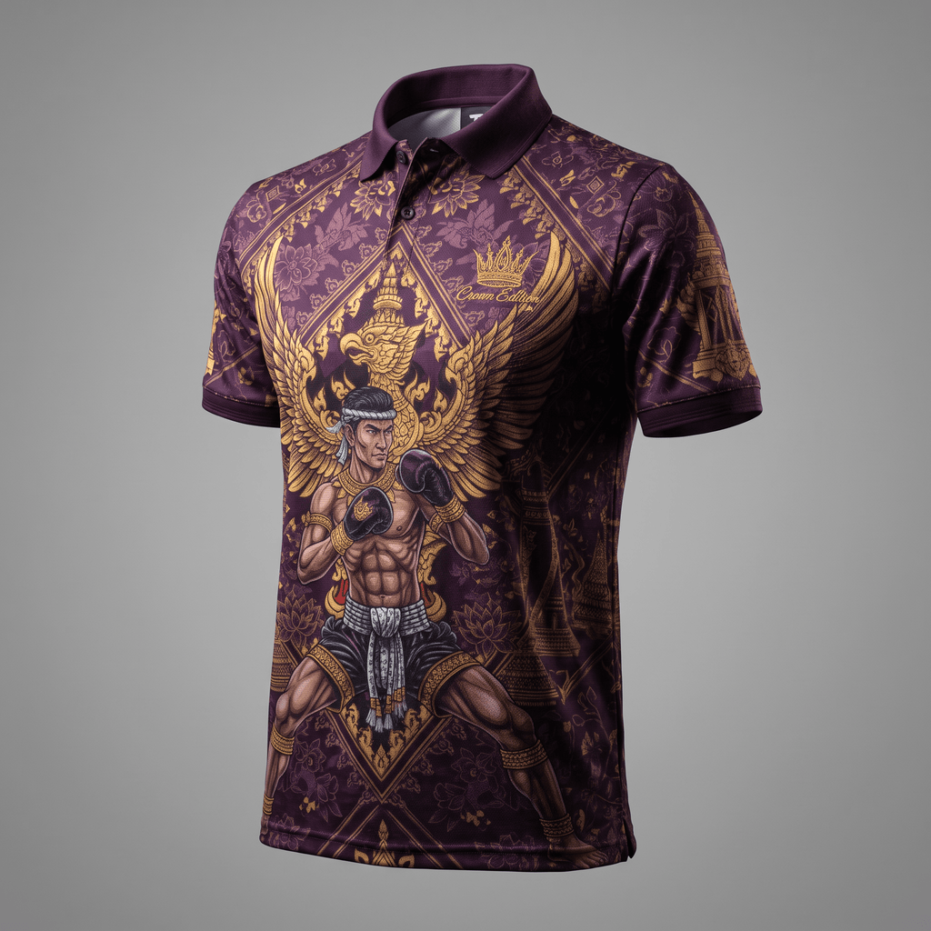 Purple polo shirt featuring a gold Muay Thai fighter graphic and traditional patterns.