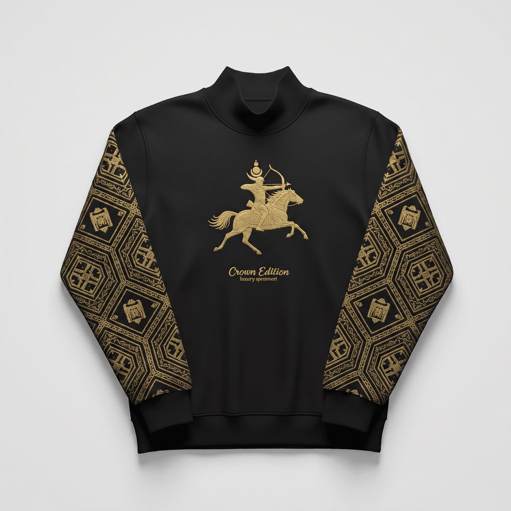 Black mock neck sweatshirt with gold graphic on chest and patterned sleeves.