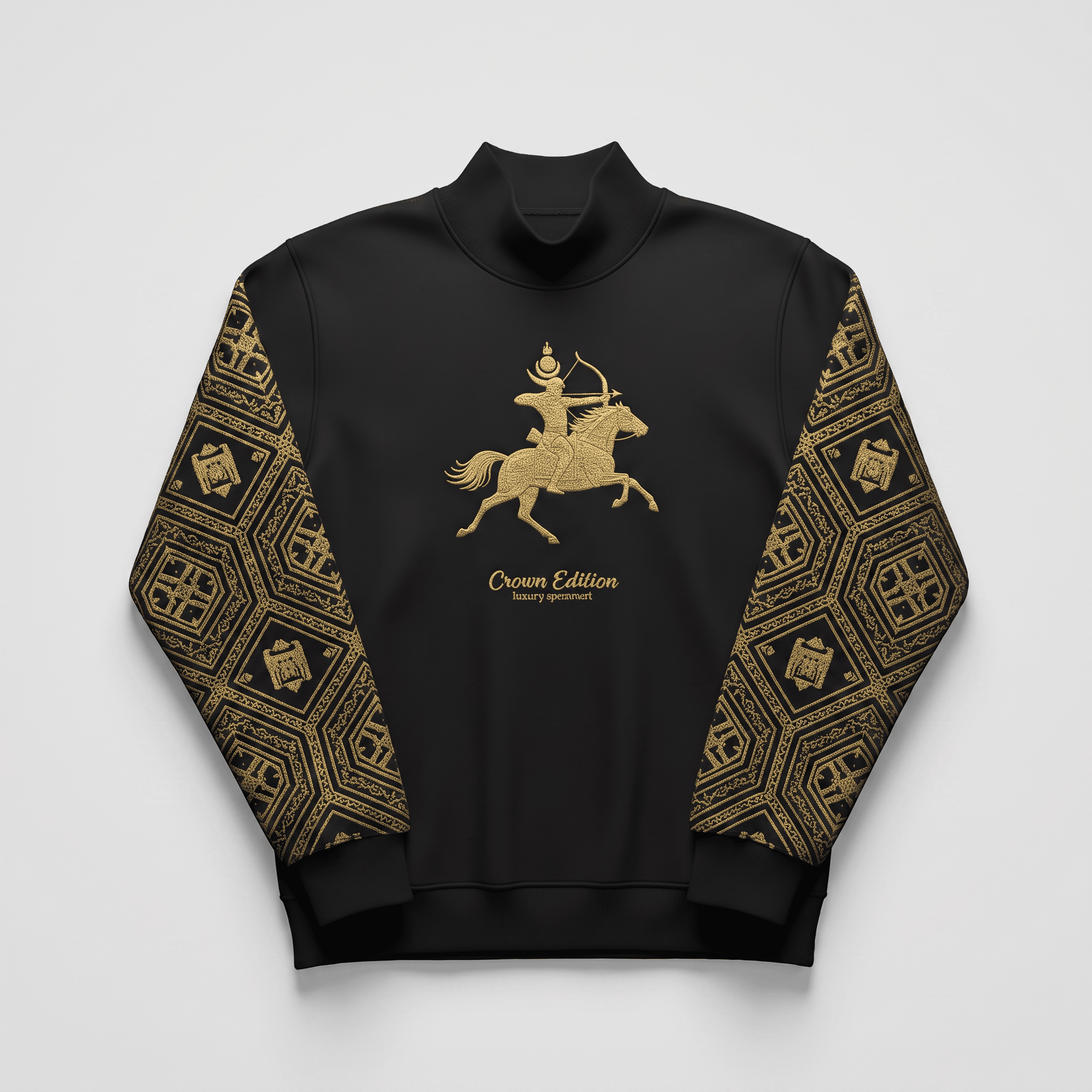 Black mock neck sweatshirt with gold graphic on chest and patterned sleeves.