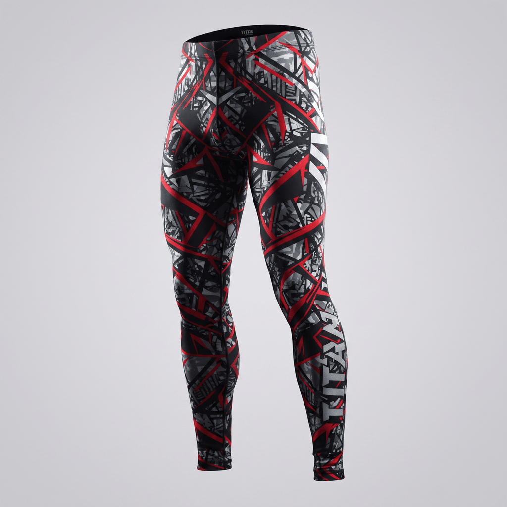Men's compression leggings in black, grey, and red abstract geometric pattern with Titan branding on the leg.