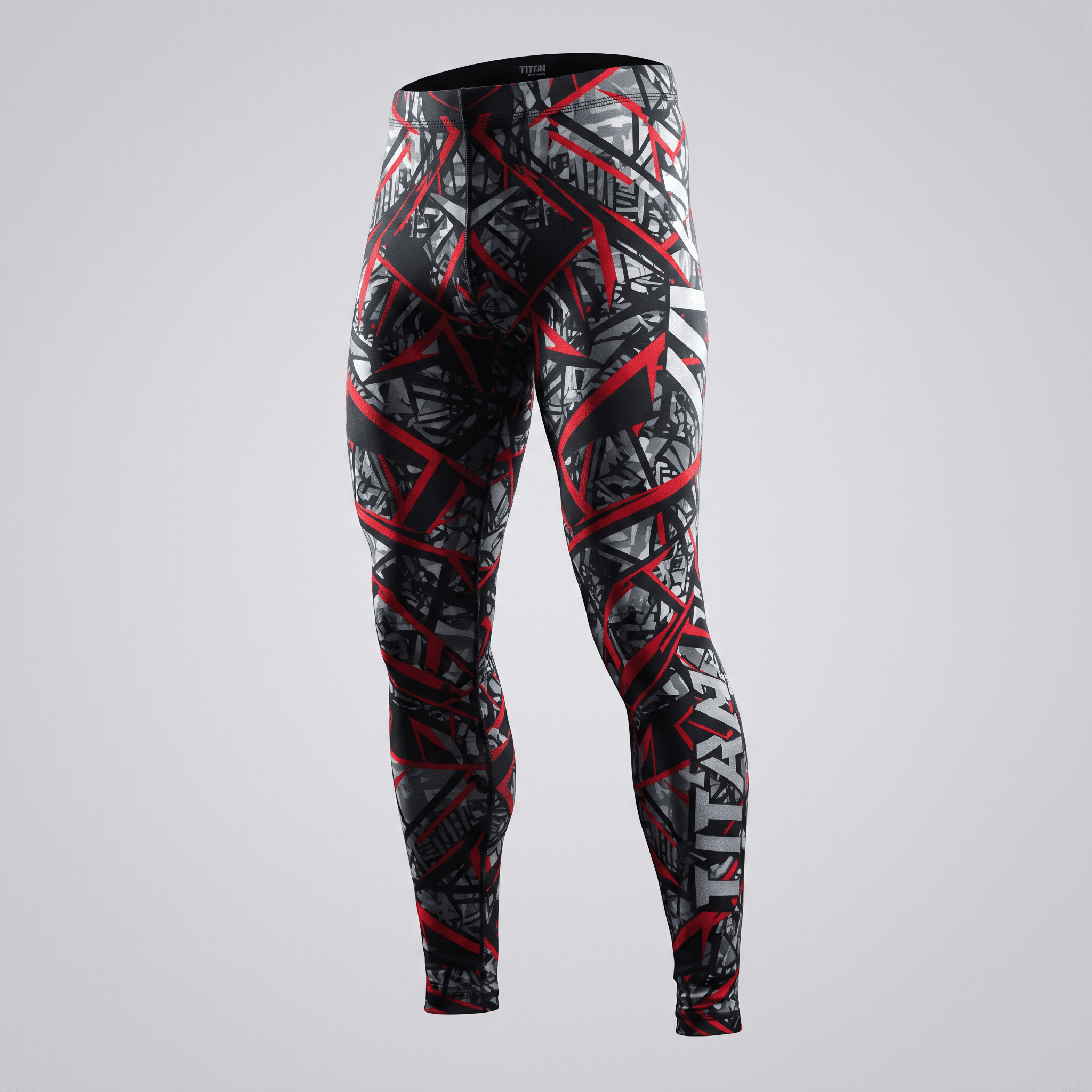 Titan compression leggings in black, grey, and red abstract geometric pattern on a light background.