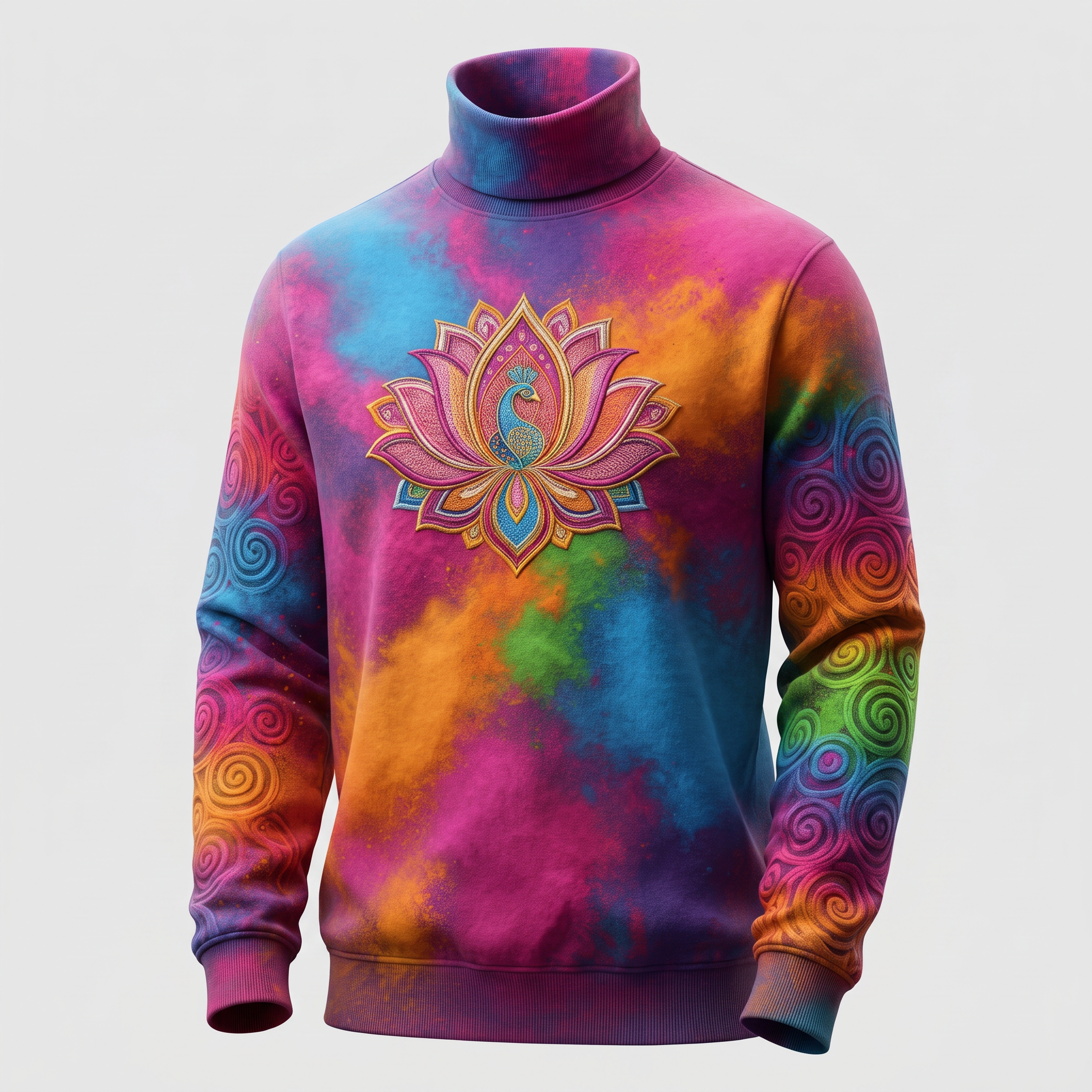 Colorful tie-dye turtleneck sweater featuring a lotus flower graphic with a peacock motif on the chest.