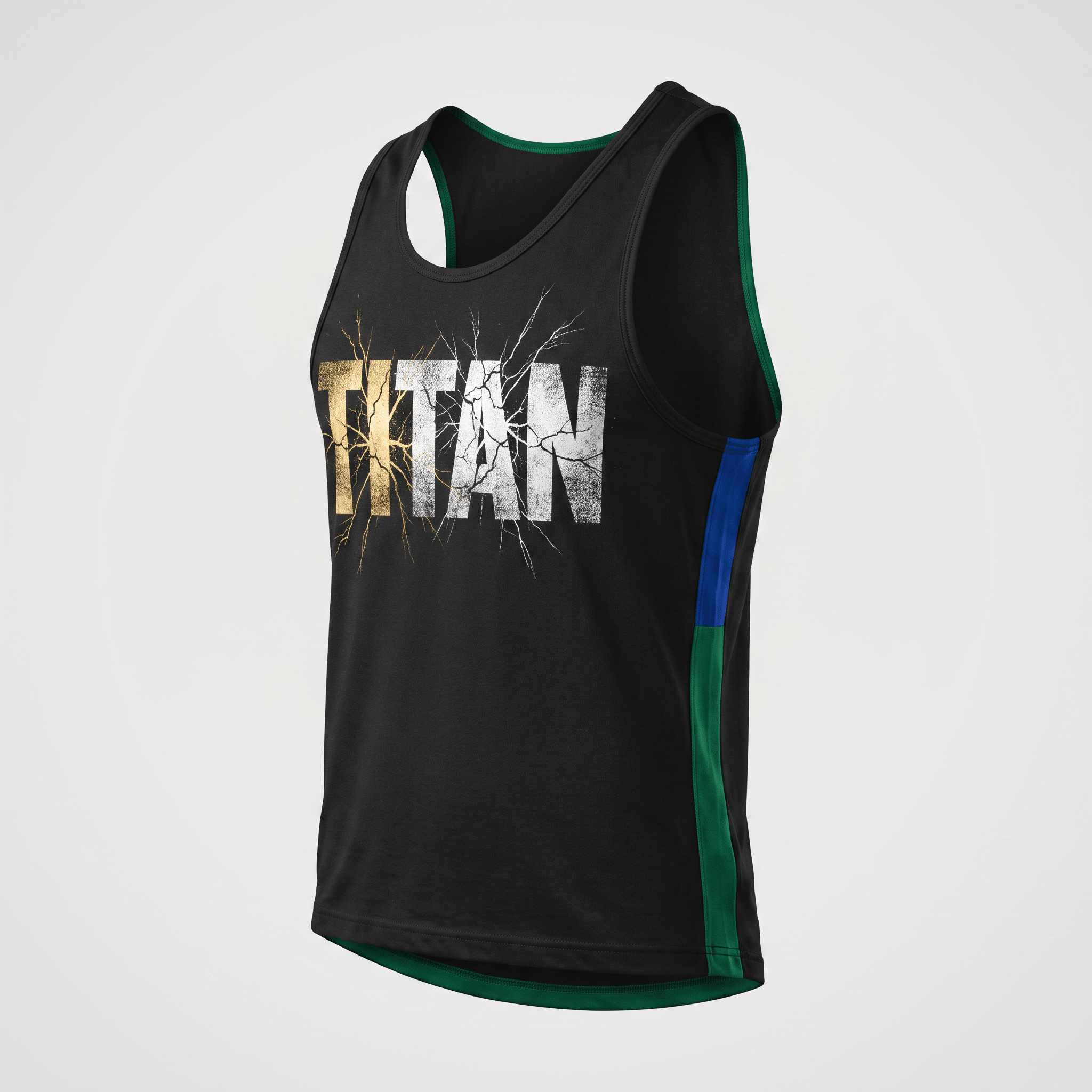 Black athletic tank top featuring cracked titan text on the front and green and blue side panels.