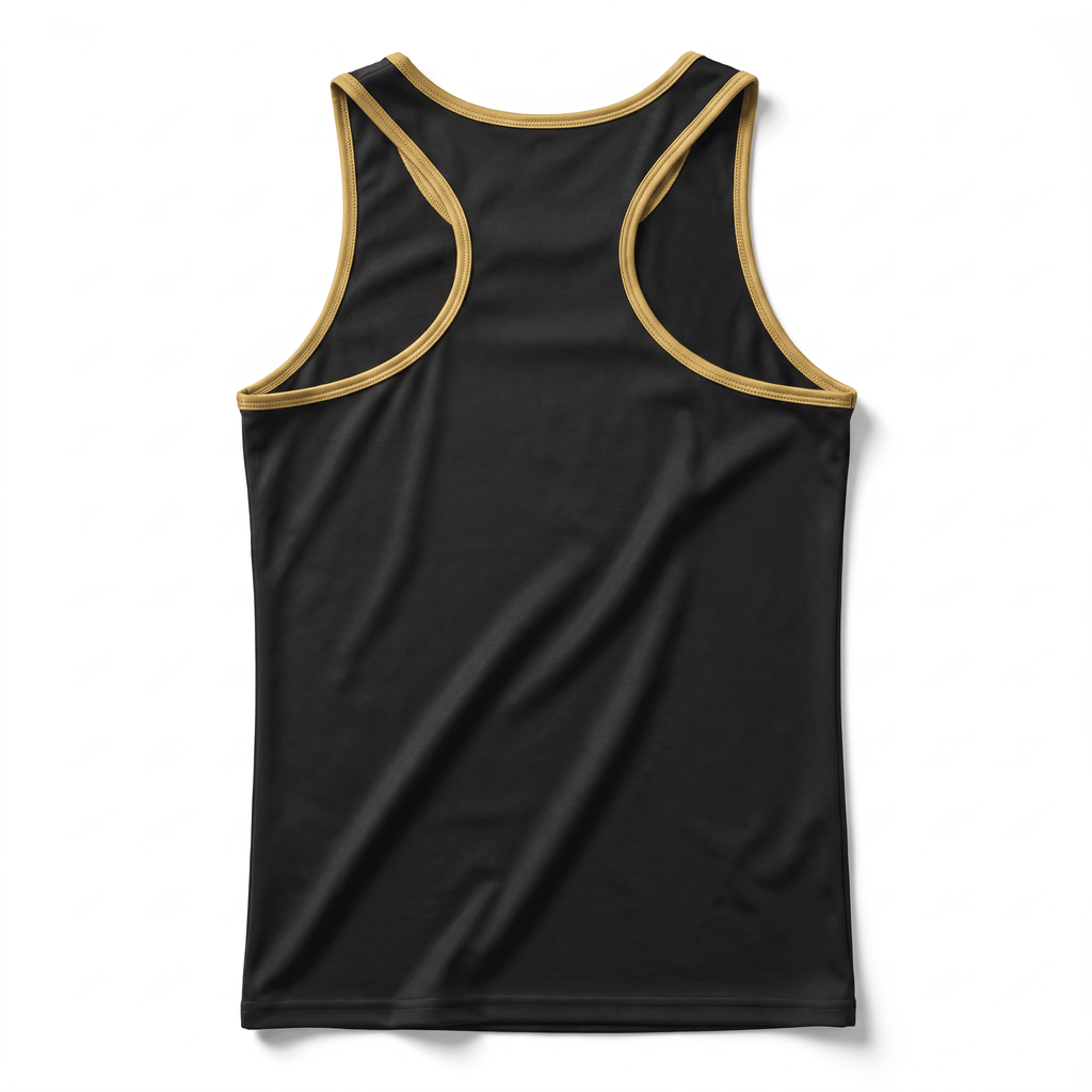 Back view of a black racerback tank top with gold trim outlining the neck and armholes on white.