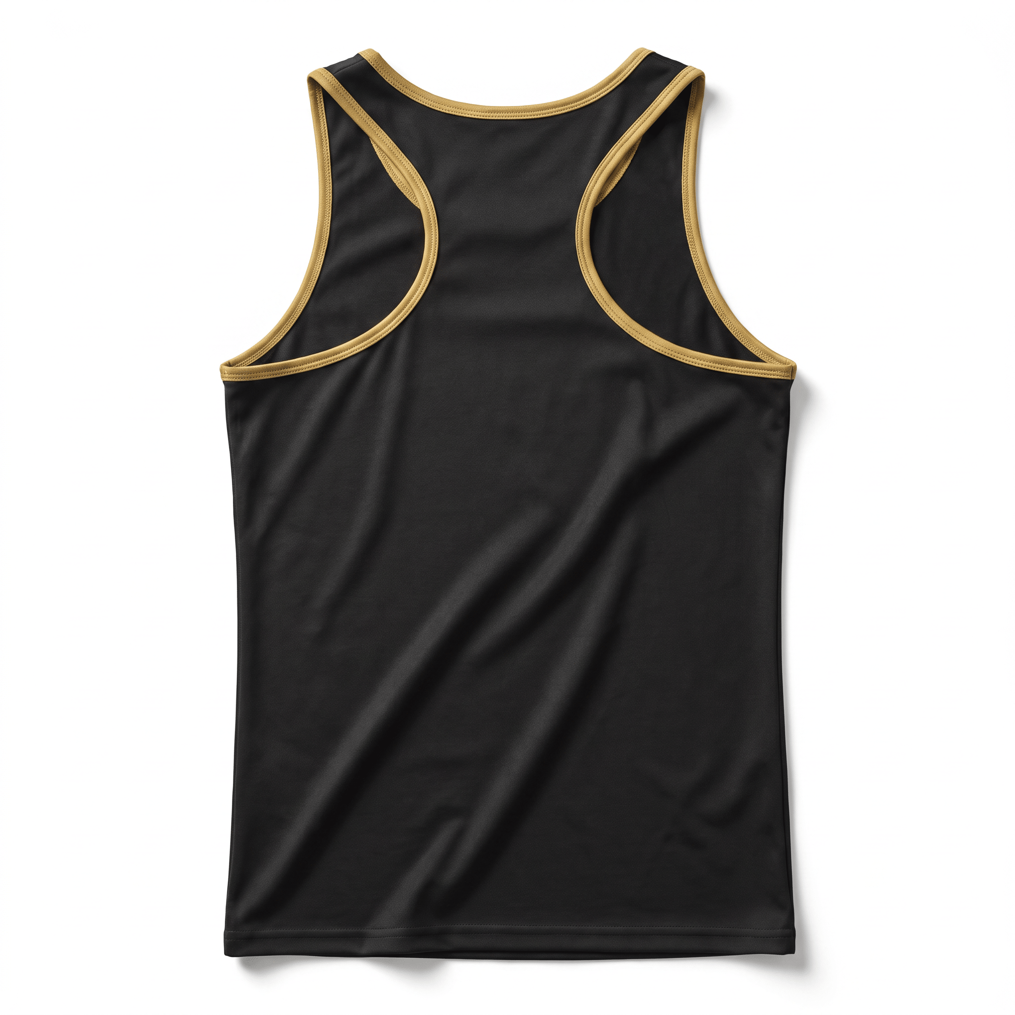 Back view of a black racerback tank top with gold trim outlining the neck and armholes on white.