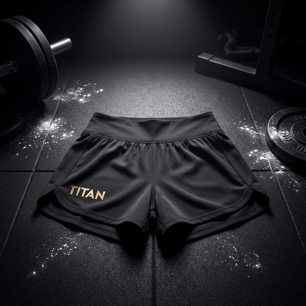Black athletic shorts with high waistband and gold "TITAN" logo on gym floor with weights.
