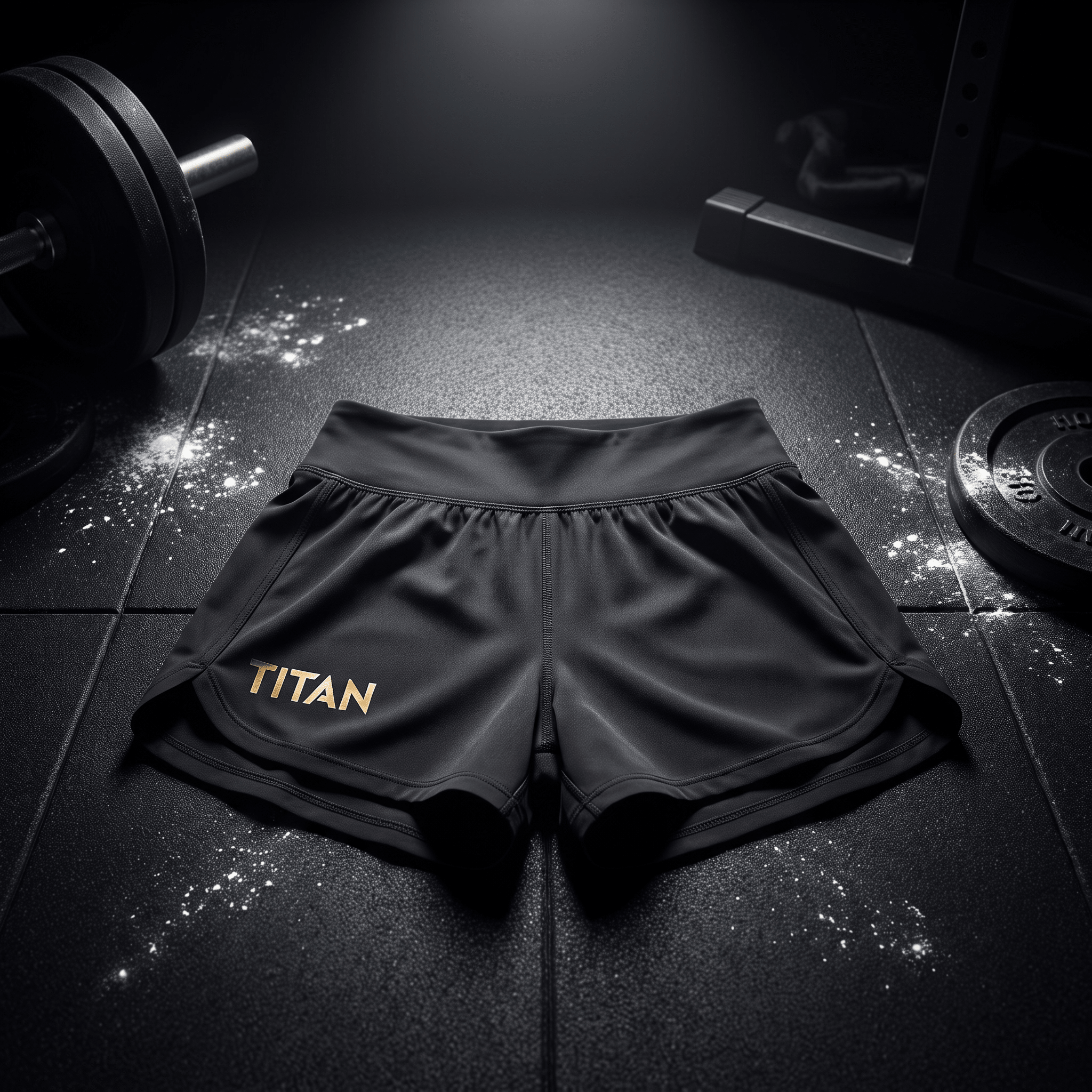 Black athletic shorts with high waistband and gold "TITAN" logo on gym floor with weights.