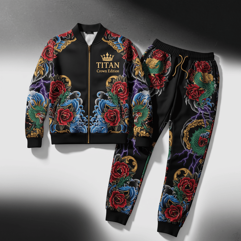 Black bomber jacket and sweatpants set featuring Japanese dragon, red rose, and lightning print.