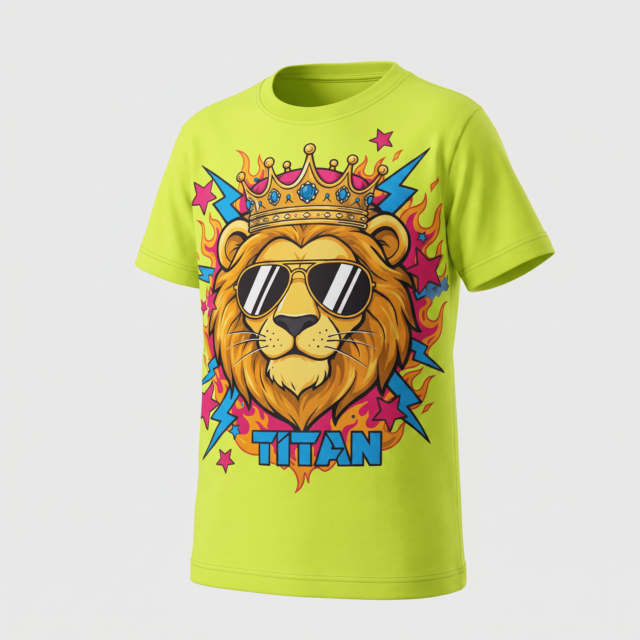 Neon green graphic t-shirt featuring a crowned lion wearing sunglasses, flames, and stars.