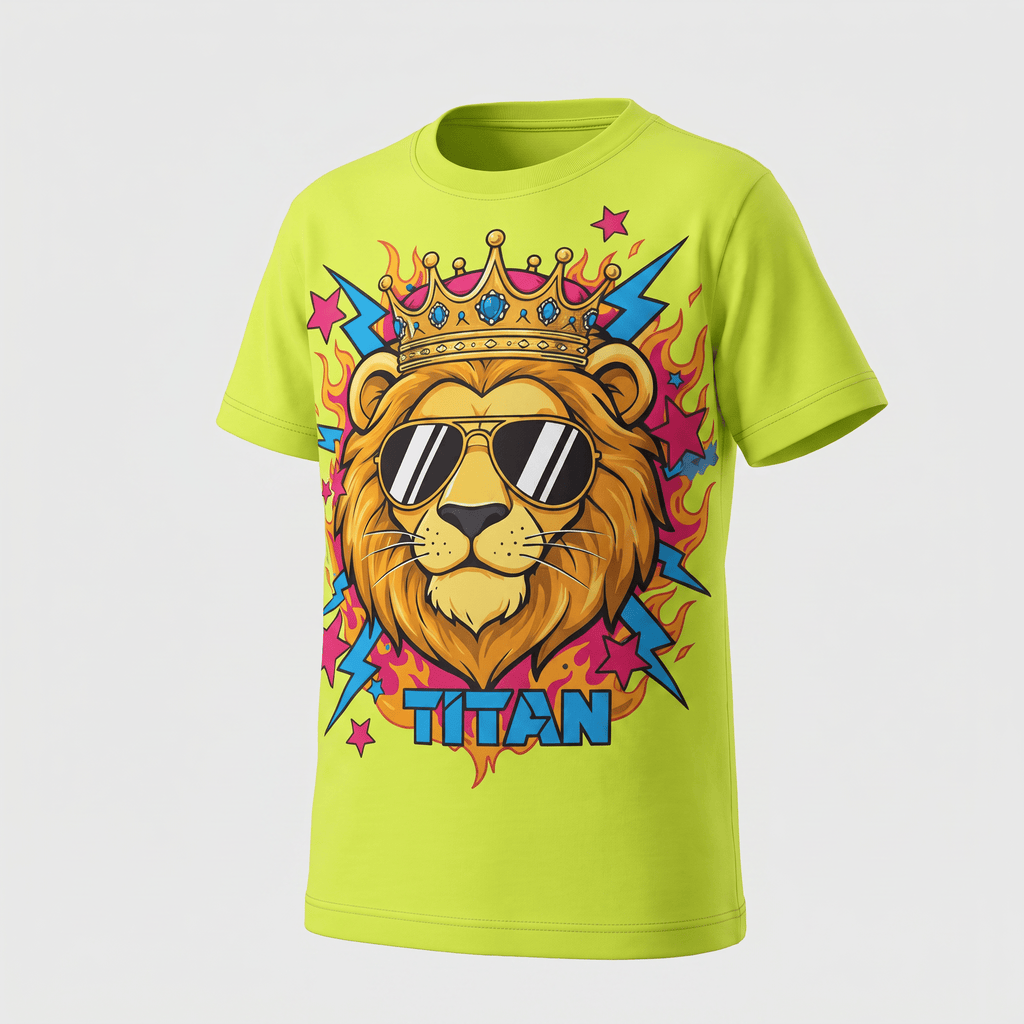 Lime green crewneck t-shirt featuring a graphic of a crowned lion wearing sunglasses with flames and stars.