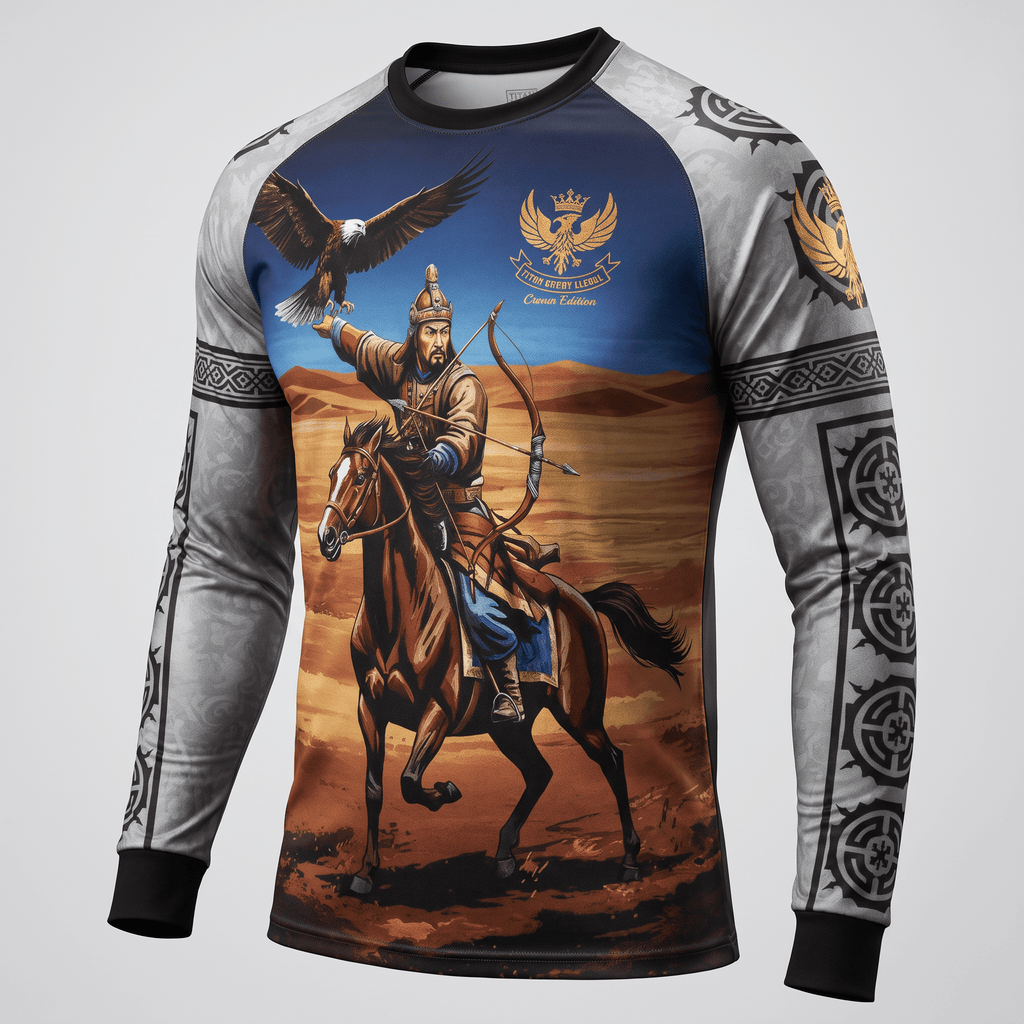 Long-sleeve compression shirt featuring a Mongol archer on horseback with an eagle in a desert landscape.