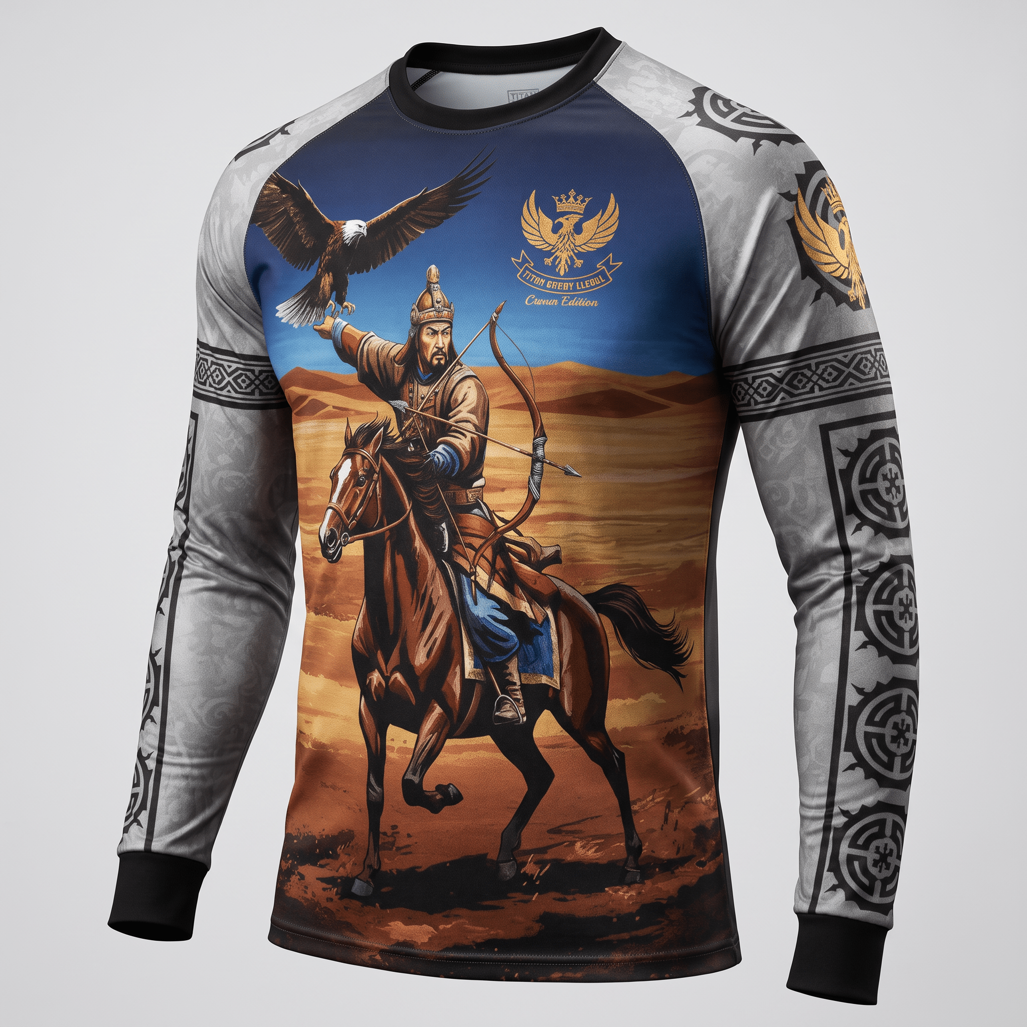 Long-sleeve compression shirt featuring a Mongol archer on horseback with an eagle in a desert landscape.