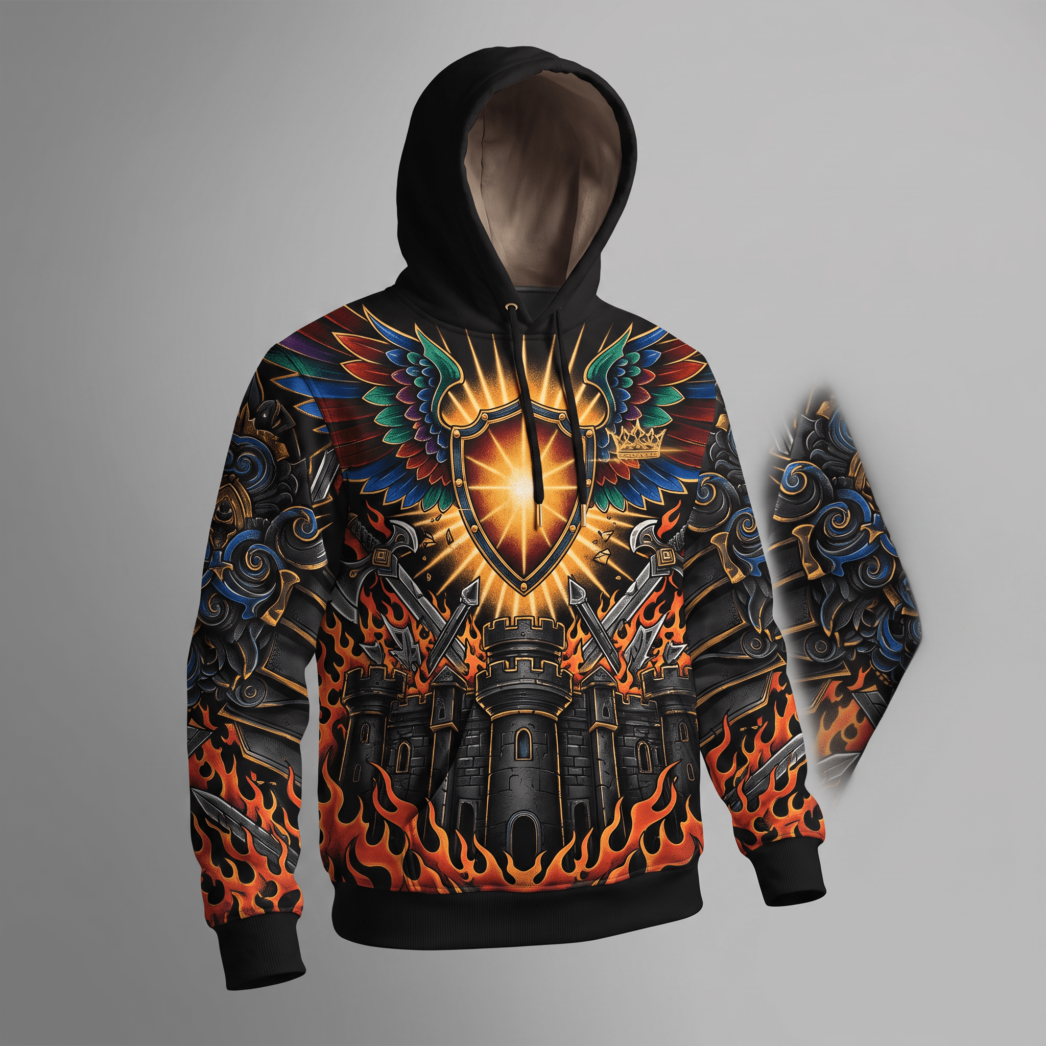 Black hoodie featuring a fantasy castle, glowing shield with wings, swords, and orange flames.
