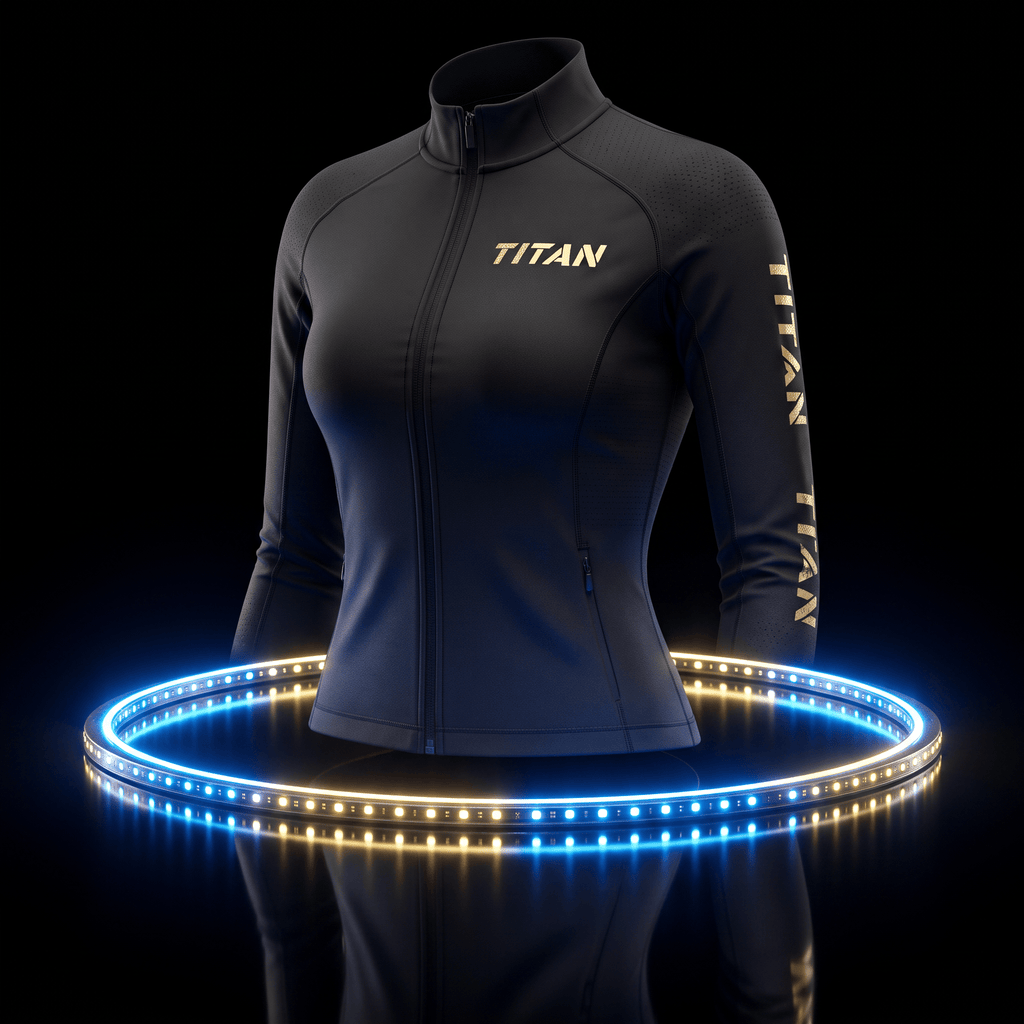 Black athletic zip-up jacket with gold "TITAN" logo, displayed inside a glowing blue and yellow neon ring.