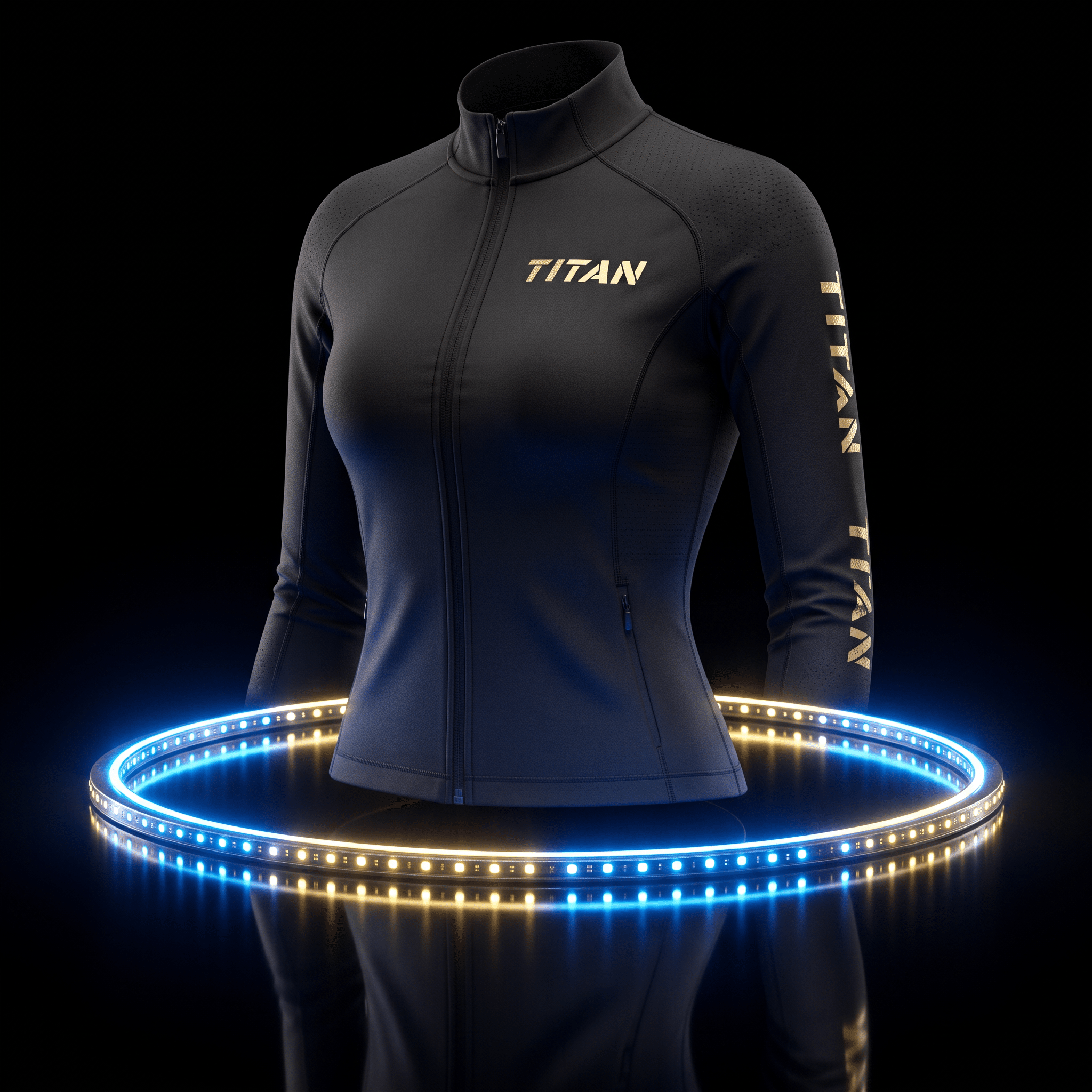 Black athletic zip-up jacket with gold "TITAN" logo, displayed inside a glowing blue and yellow neon ring.
