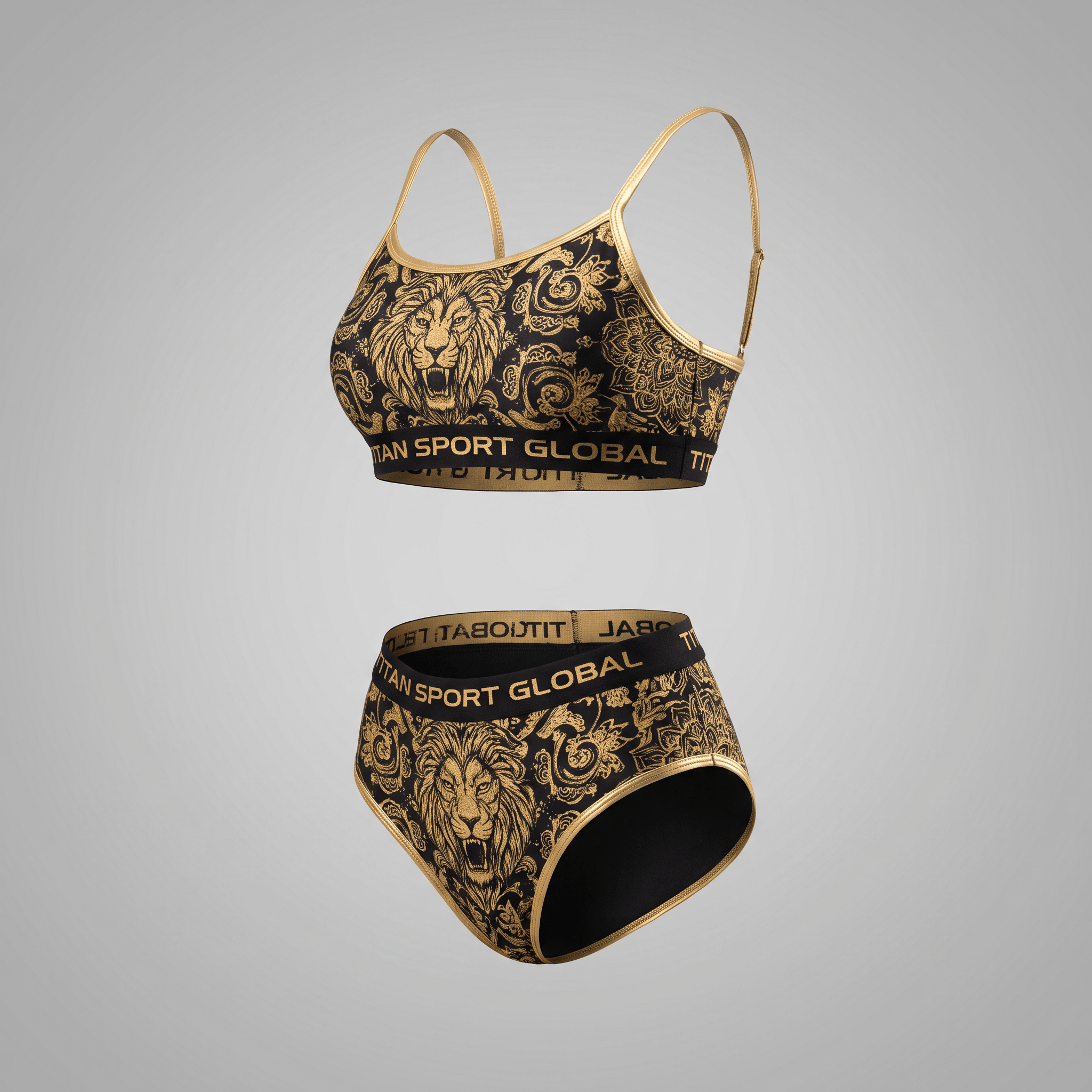 Black and gold athletic two-piece swimsuit with lion and scroll print and Titan Sport Global waistband.