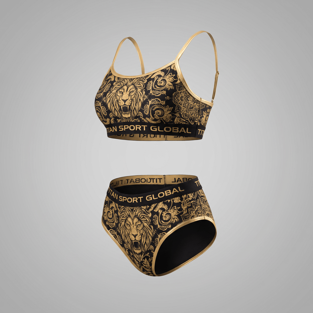 Black and gold two-piece athletic set with lion graphic print and Titan Sport Global waistband.