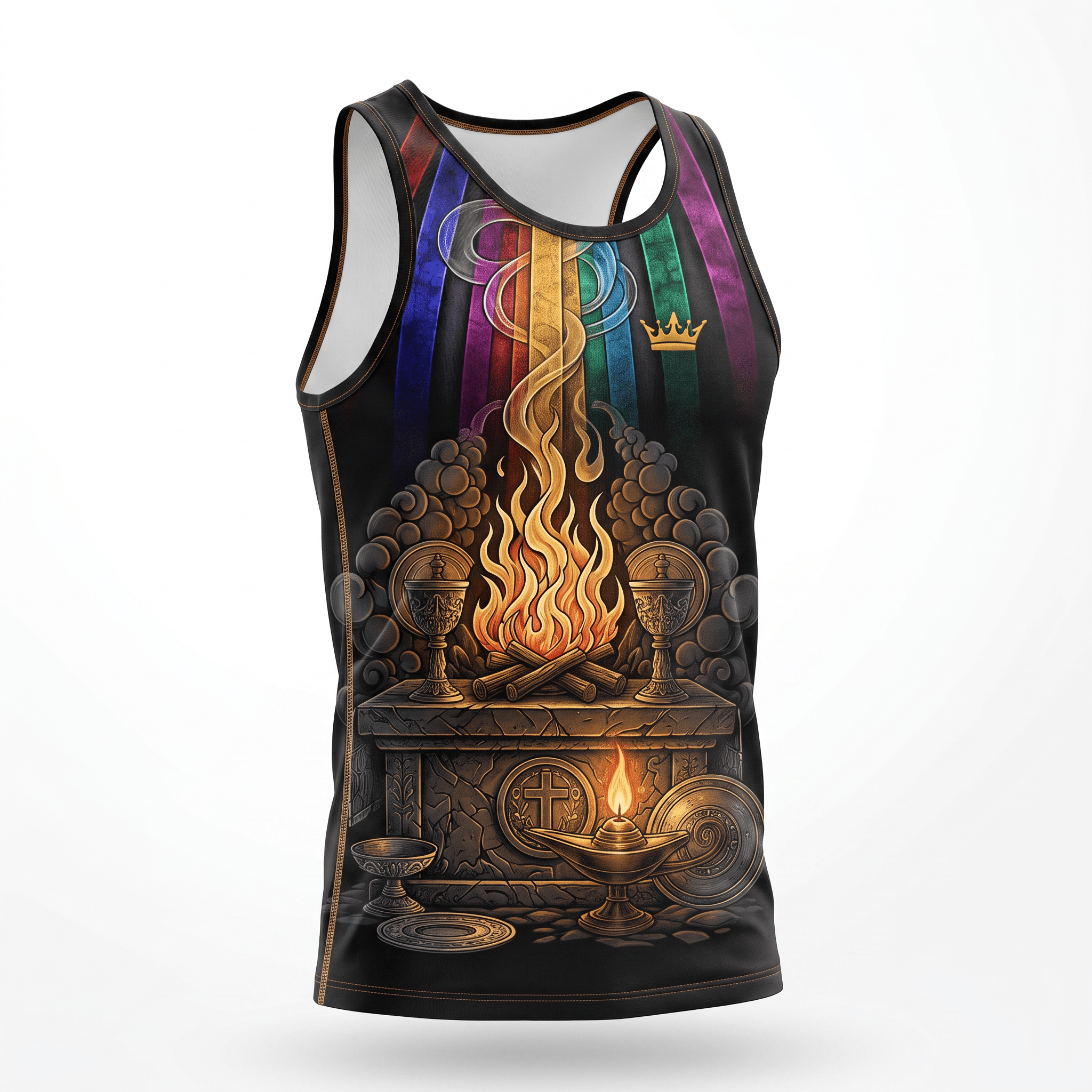 Black tank top featuring a graphic of an altar, fire, and colorful vertical stripes.
