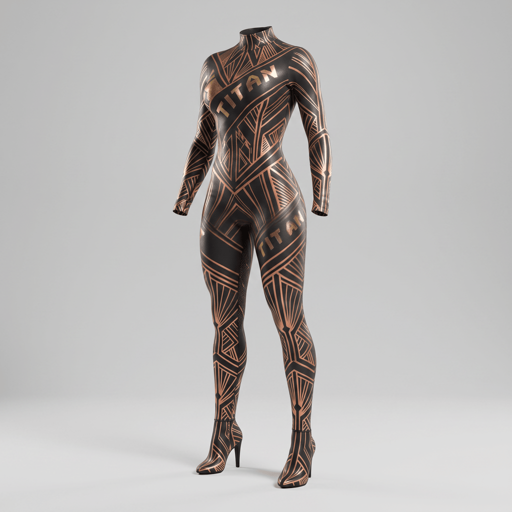 Black and rose gold art deco full body suit with Titan branding and built-in heels.