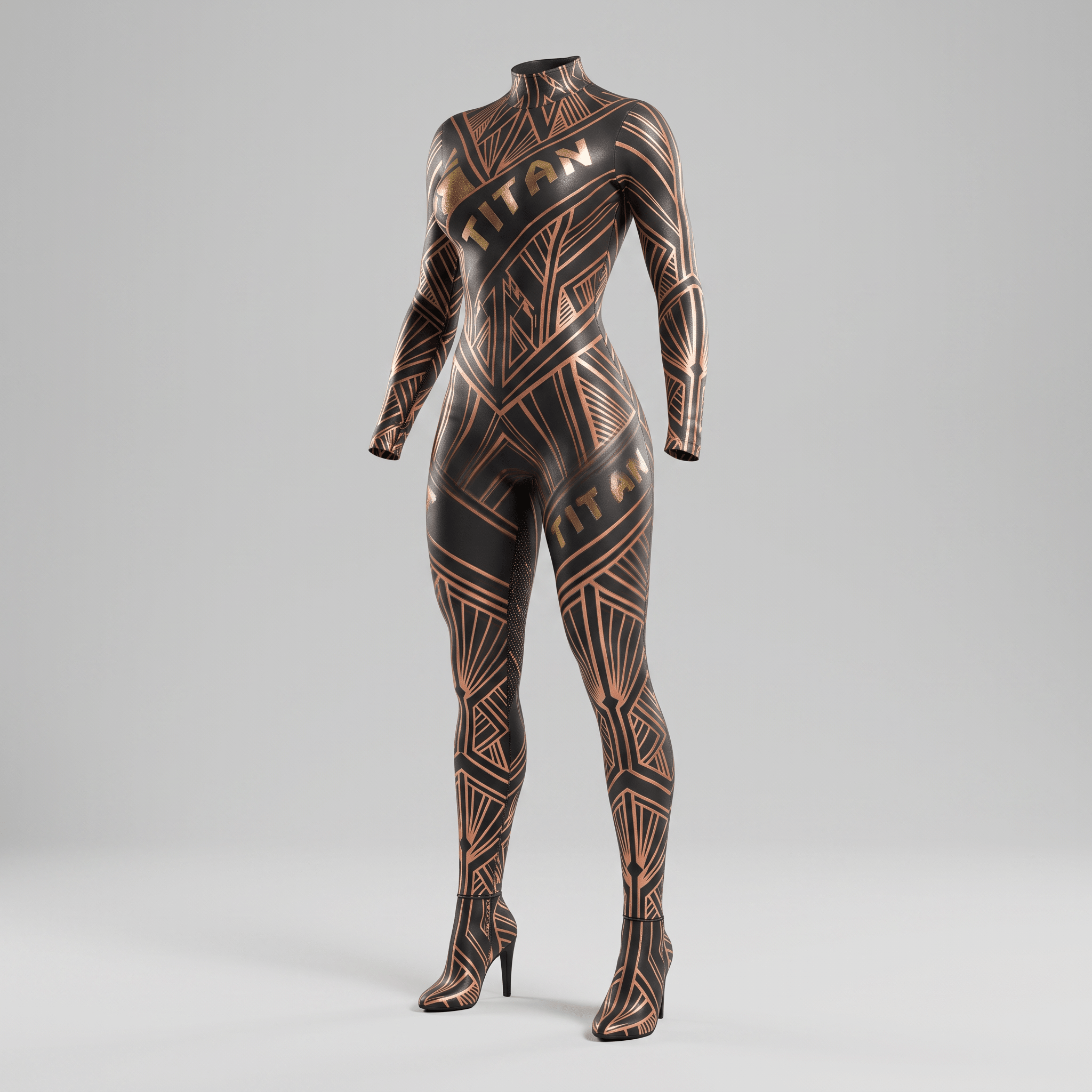 Black and rose gold art deco full body suit with Titan branding and built-in heels.