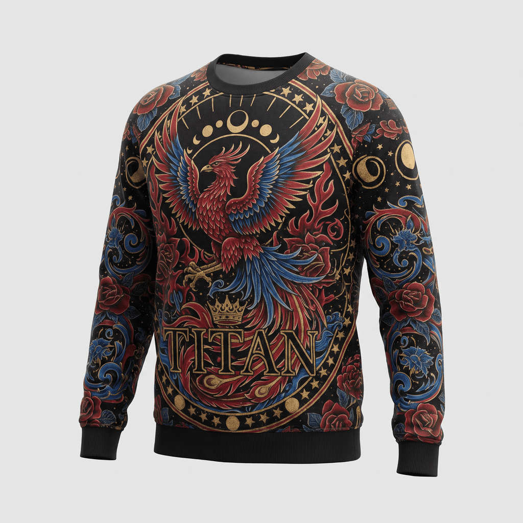 Black crewneck sweatshirt with intricate red and blue phoenix, roses, celestial motifs, and the word Titan.