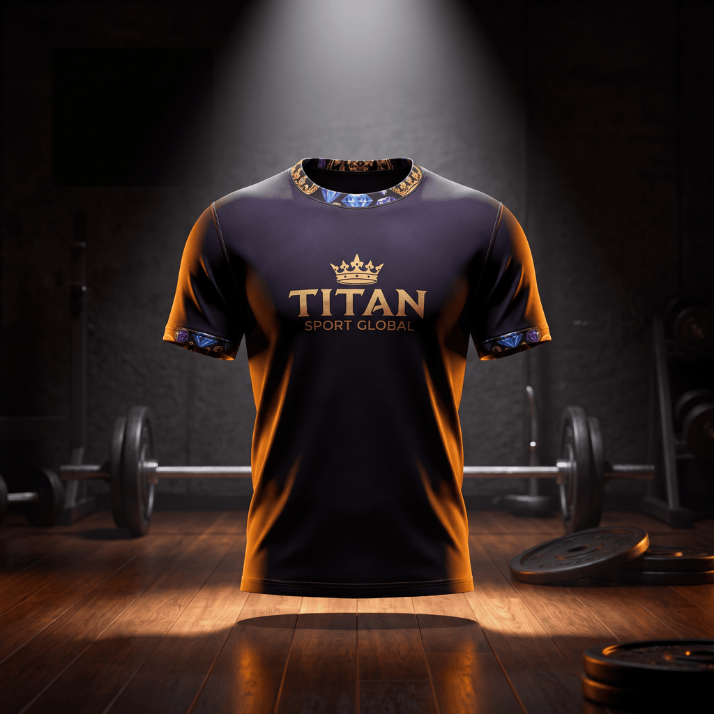 Black athletic t-shirt with gold "TITAN SPORT GLOBAL" logo, crown icon, and gemstone-patterned collar and sleeve cuffs.