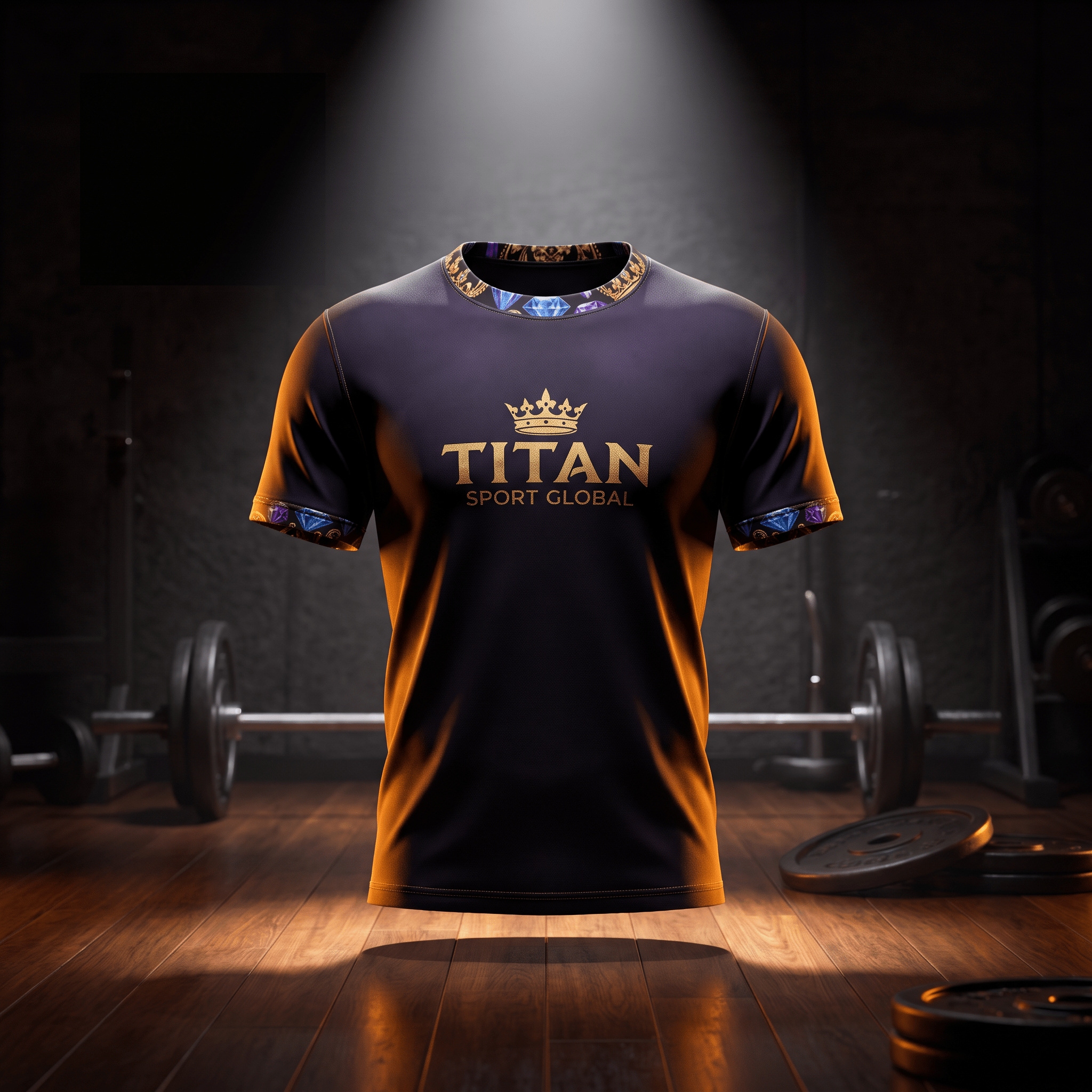 Black athletic t-shirt with gold "TITAN SPORT GLOBAL" logo, crown icon, and gemstone-patterned collar and sleeve cuffs.