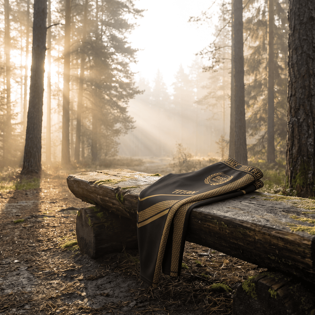 Black athletic leggings with gold geometric patterns and Titan branding draped over a log in a sunlit forest.