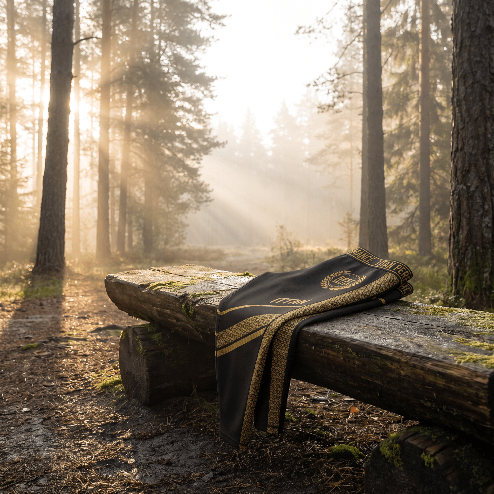 Black athletic leggings with gold geometric patterns and Titan branding draped over a log in a sunlit forest.