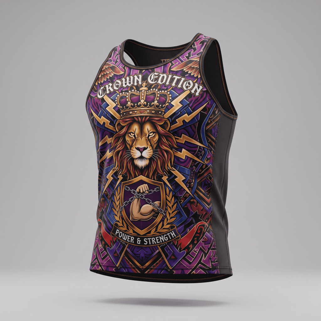 Purple crown edition tank top with lion graphic and power and strength text.