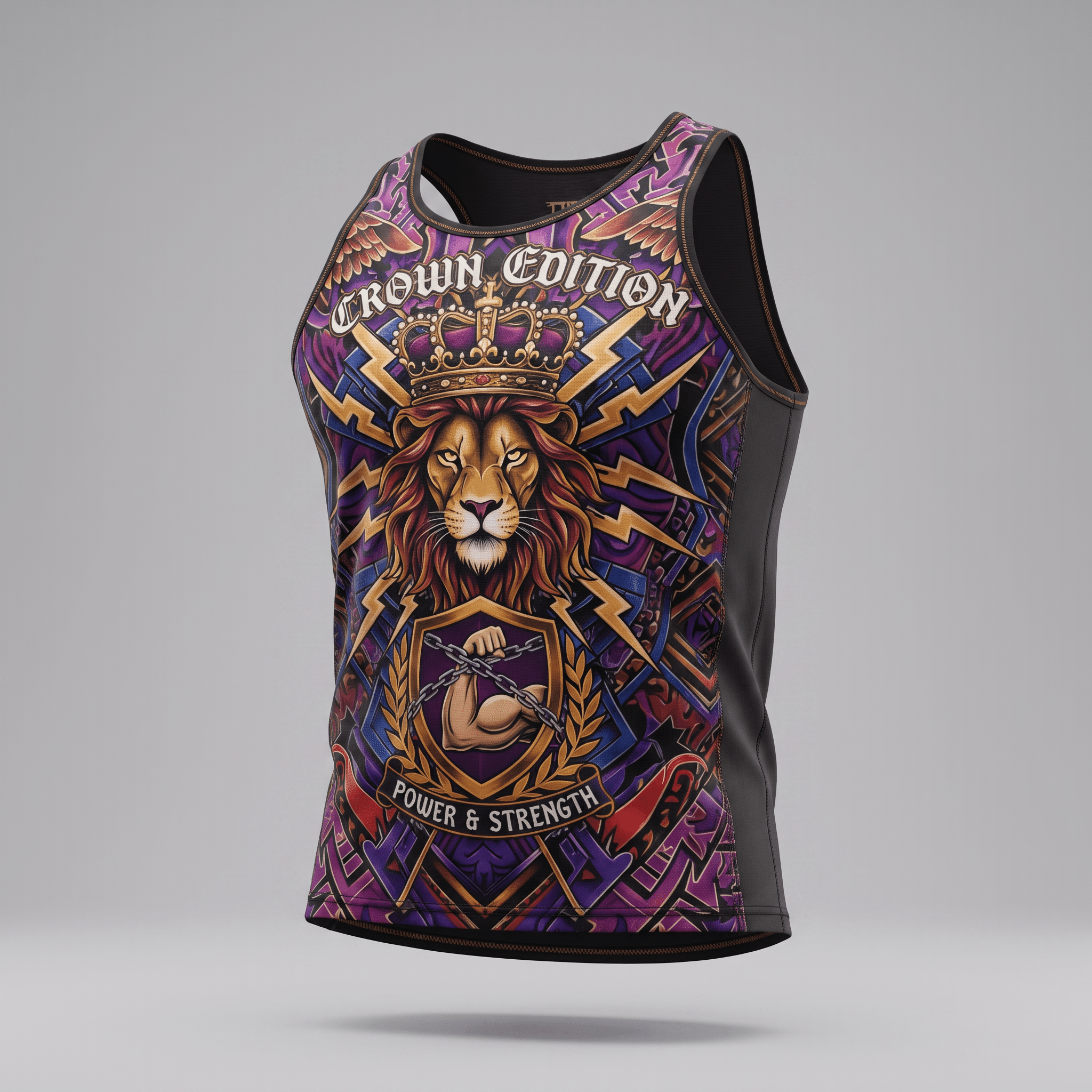 Purple crown edition tank top with lion graphic and power and strength text.