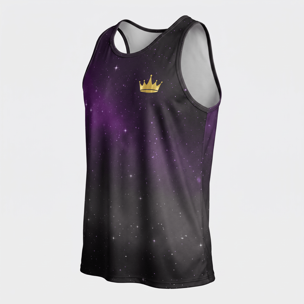 Black and purple galaxy print athletic tank top with a gold crown logo on the chest.