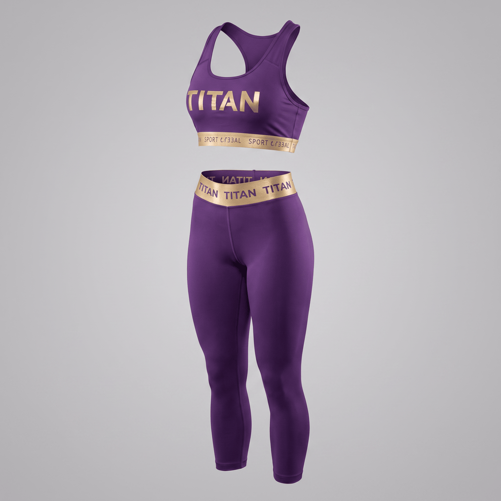 Purple Titan athletic crop top and matching leggings set with gold branding.