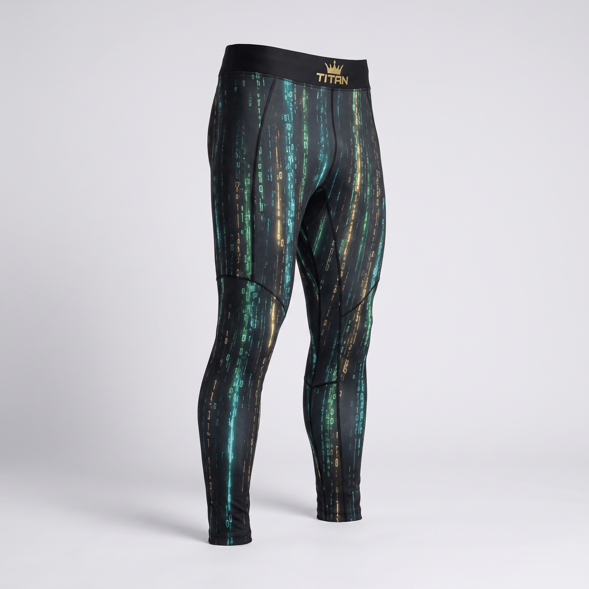 Black compression tights featuring a digital code matrix pattern in green and gold, with a Titan logo waistband.