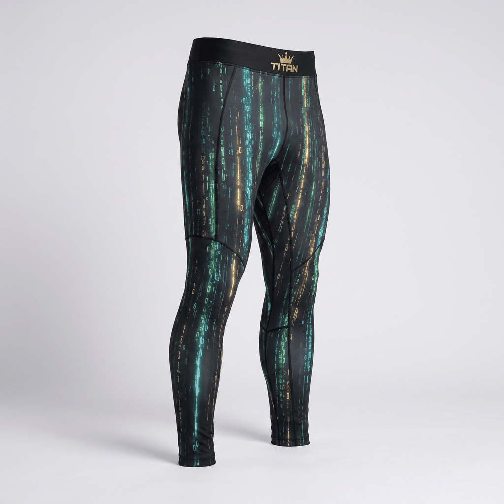 Black compression spats with digital green and gold binary code print and a gold Titan logo waistband.