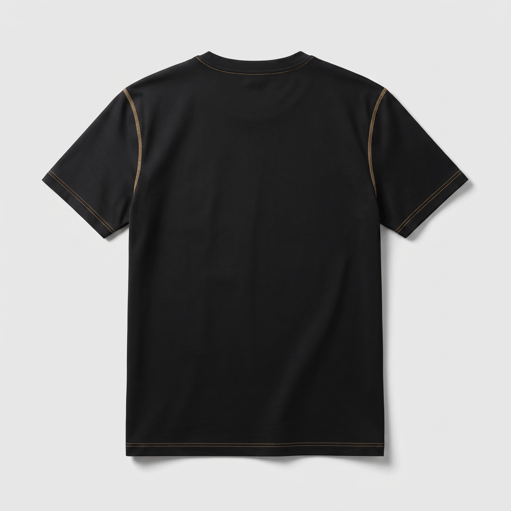 Back view of a short-sleeve black t-shirt with contrasting tan stitching, displayed flat against a light background.