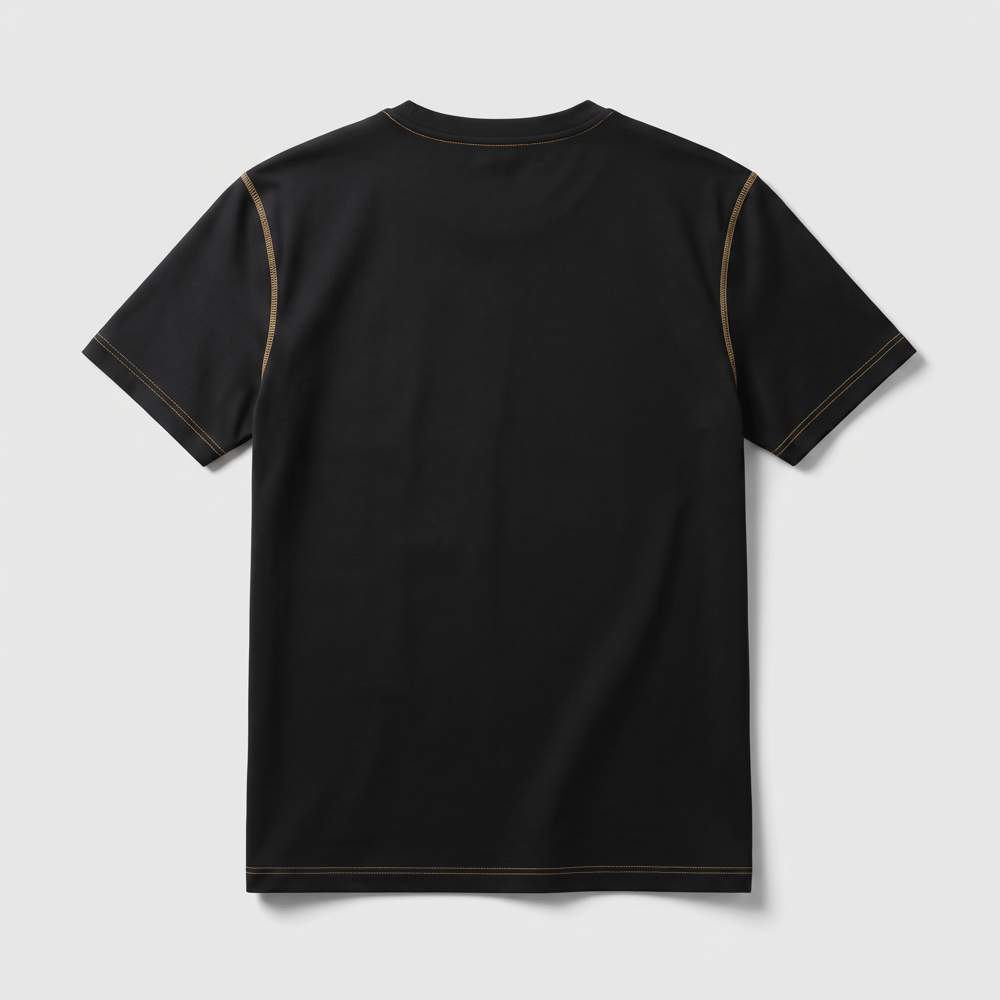 Back view of a short-sleeve black t-shirt with contrasting tan stitching, displayed flat against a light background.