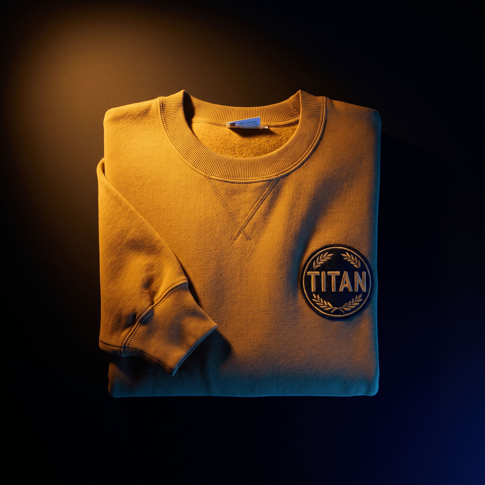 Mustard yellow crewneck sweatshirt with a circular "TITAN" patch on the chest, displayed on a dark background.